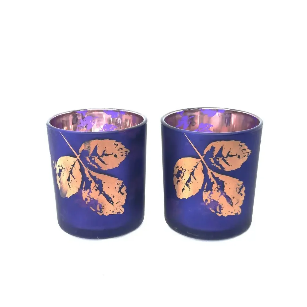 Yankee Candle Votive Candle Holders Pair Midnight Fall Glass Purple Copper Leaf